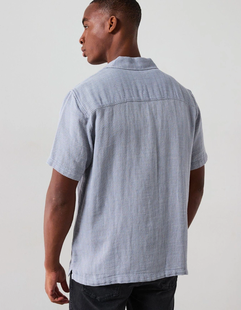 Short Sleeve Revere Textured Cotton Shirt - Blue