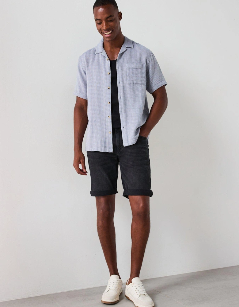 Short Sleeve Revere Textured Cotton Shirt - Blue