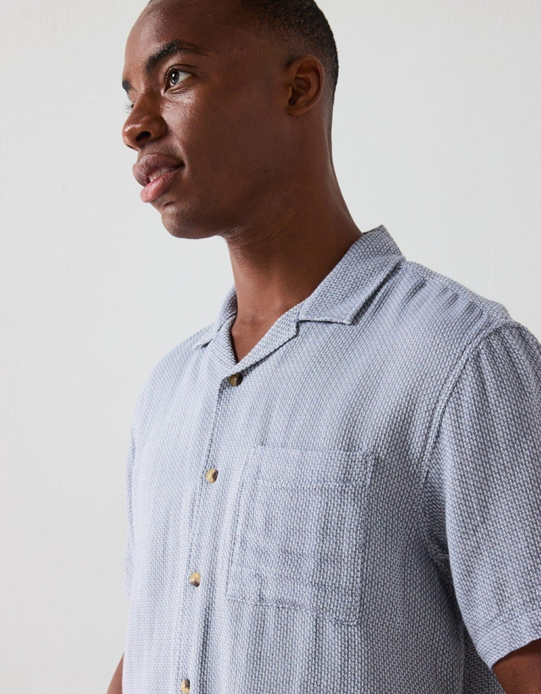 Short Sleeve Revere Textured Cotton Shirt - Blue