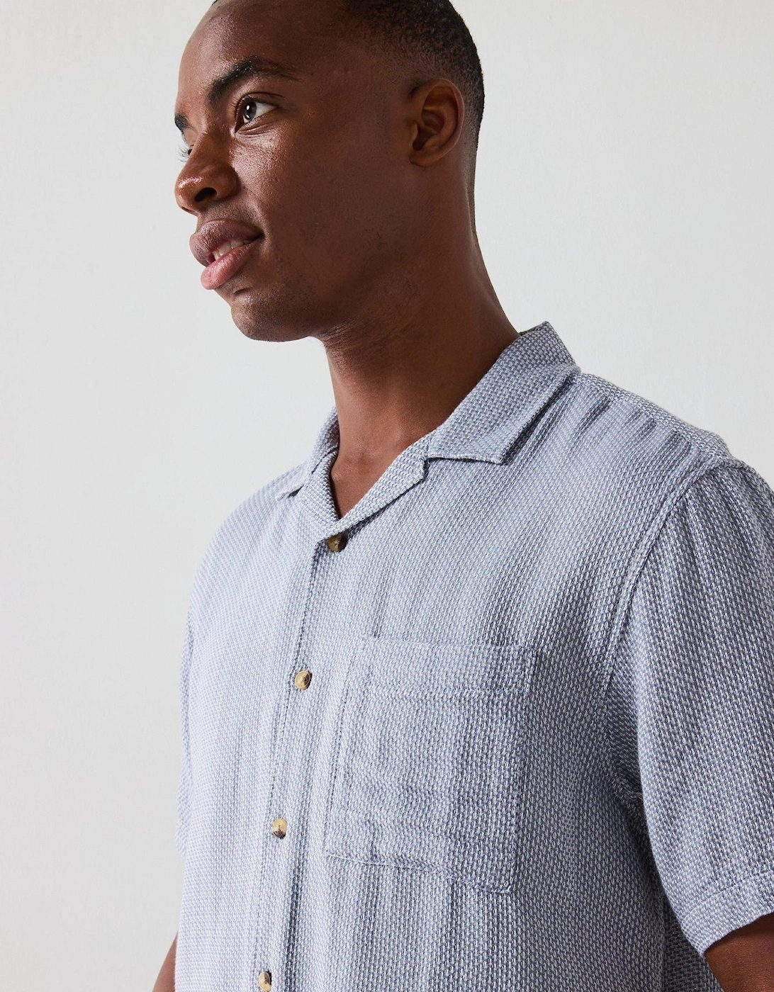 Short Sleeve Revere Textured Cotton Shirt - Blue