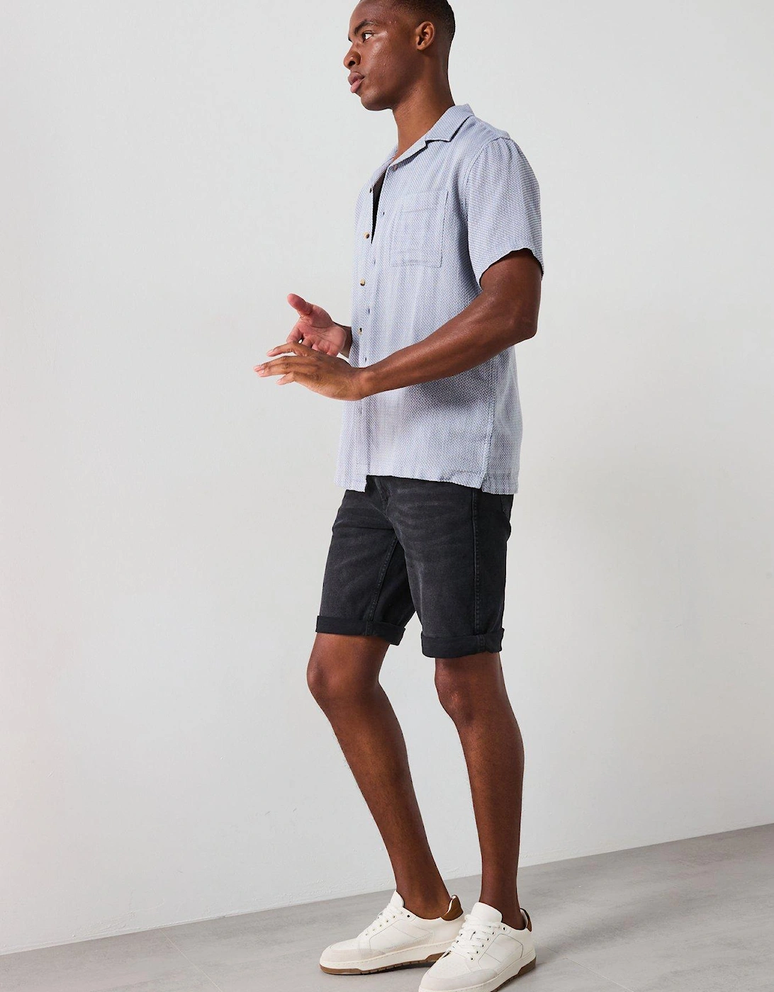 Short Sleeve Revere Textured Cotton Shirt - Blue