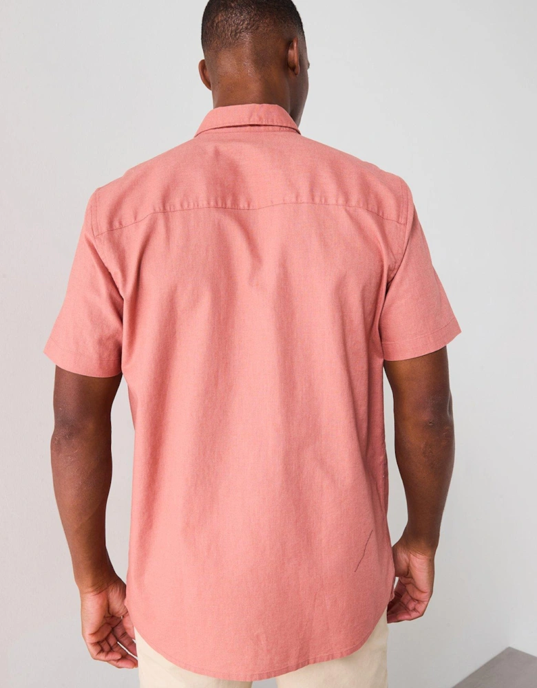Short Sleeve Standard Collar Linen Shirt - Terracotta