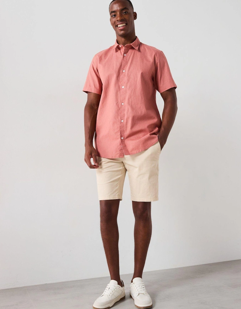 Short Sleeve Standard Collar Linen Shirt - Terracotta