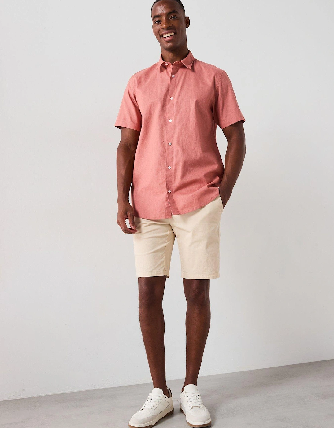 Short Sleeve Standard Collar Linen Shirt - Terracotta