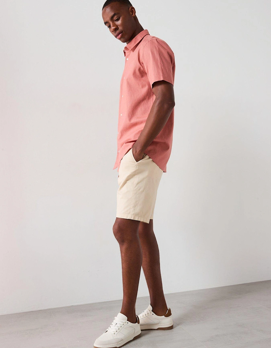 Short Sleeve Standard Collar Linen Shirt - Terracotta