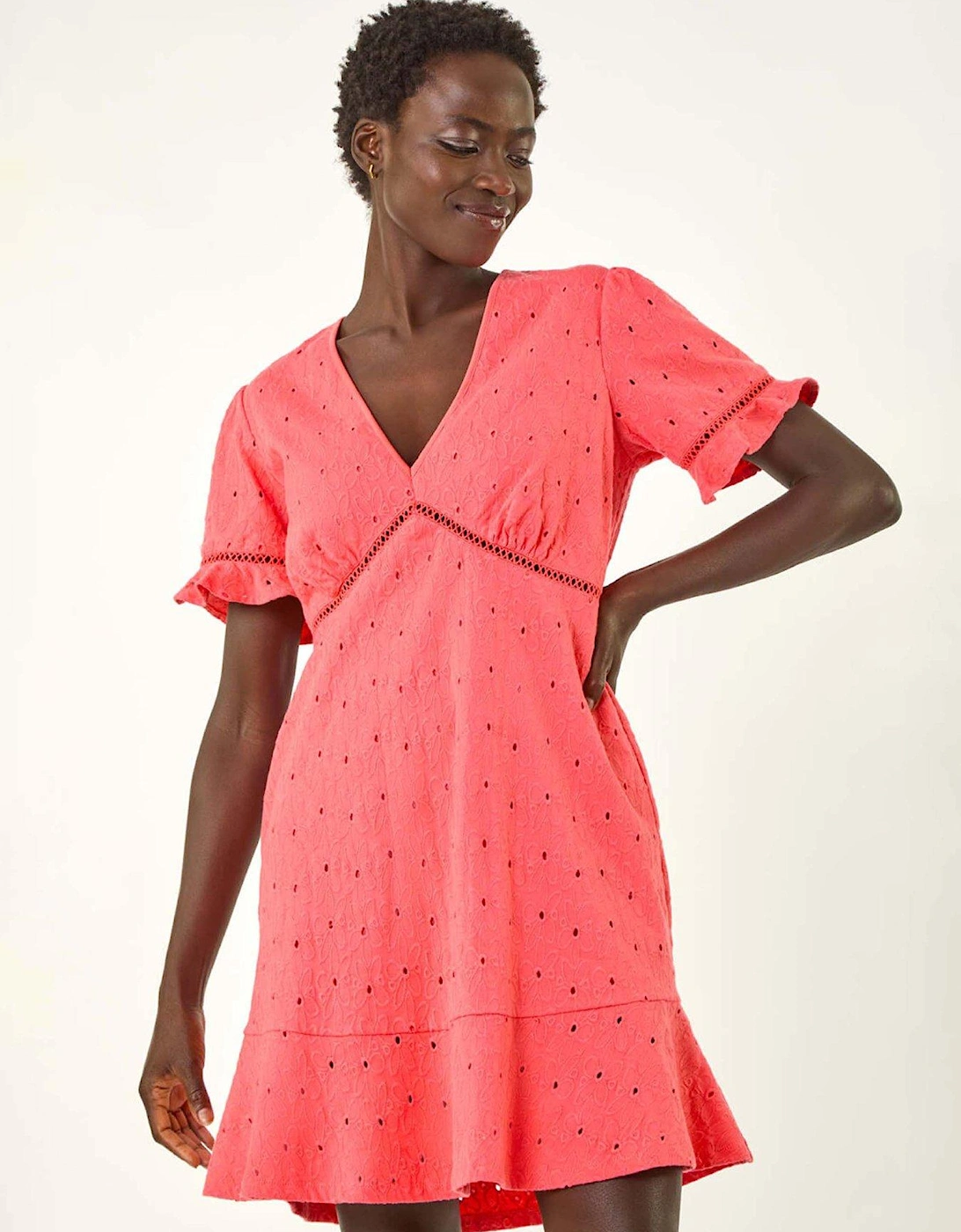 Embroidered Cotton Stretch Frill Dress - Pink, 2 of 1