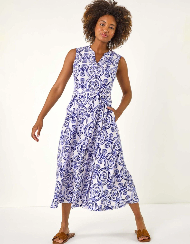 Circle Print Belted Shirt Midi Dress - Blue