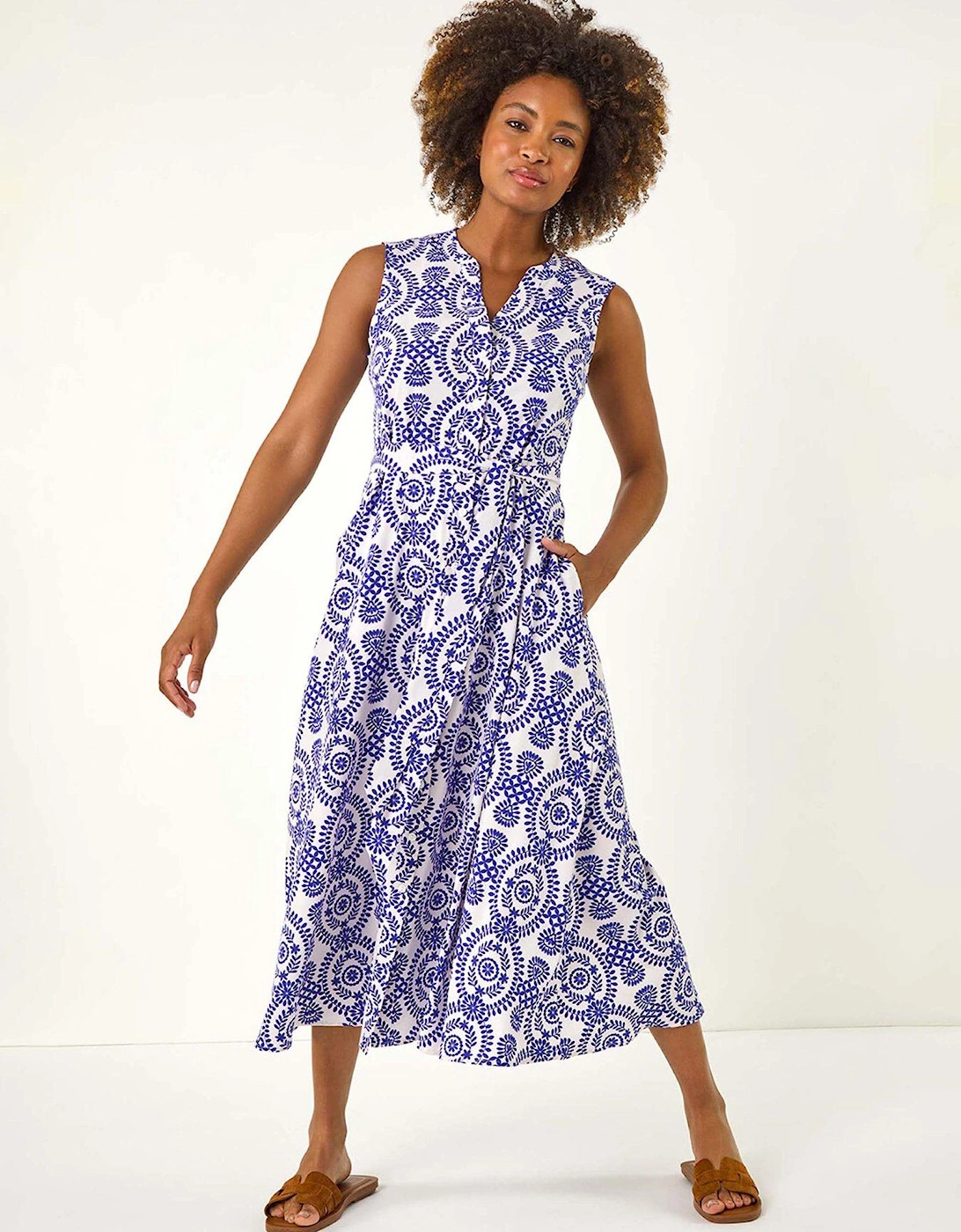 Circle Print Belted Shirt Midi Dress - Blue, 2 of 1