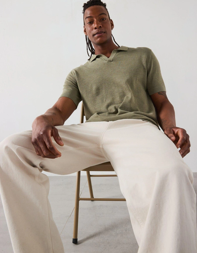 Mattis Short Sleeve Open Collar Knitted Polo - Light Khaki