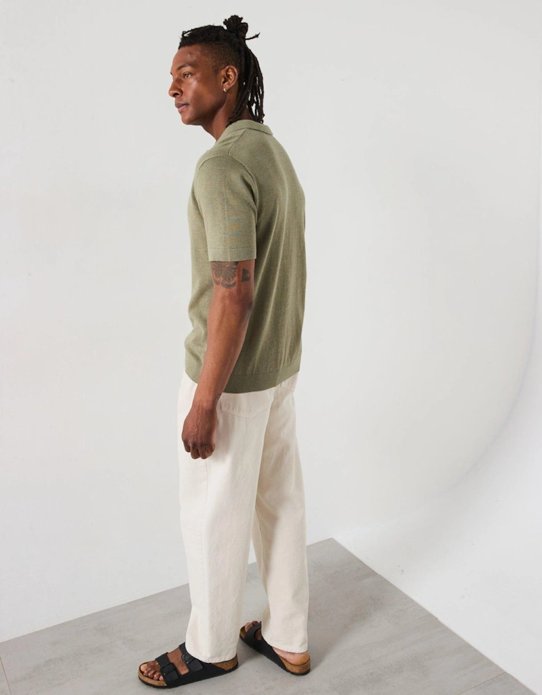 Mattis Short Sleeve Open Collar Knitted Polo - Light Khaki
