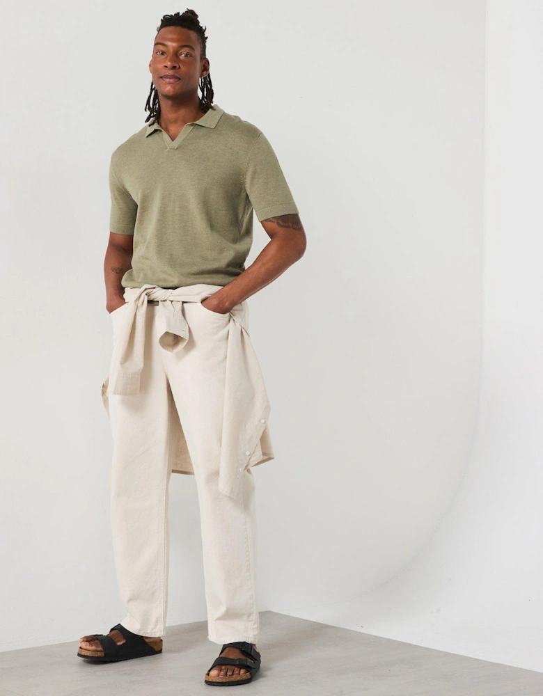 Mattis Short Sleeve Open Collar Knitted Polo - Light Khaki