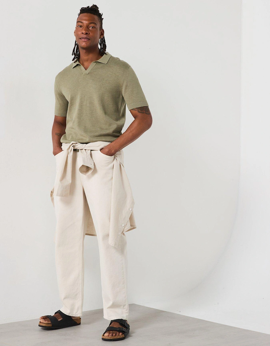 Mattis Short Sleeve Open Collar Knitted Polo - Light Khaki