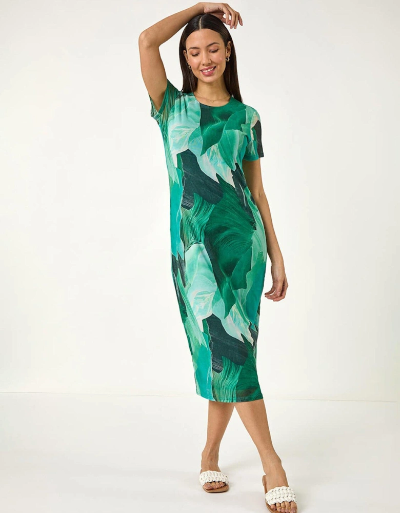 Leaf Print Mesh Midi Dress - Green
