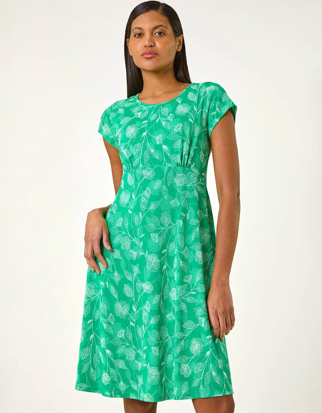 Stretch Floral Puff Print Midi Dress - Green, 2 of 1