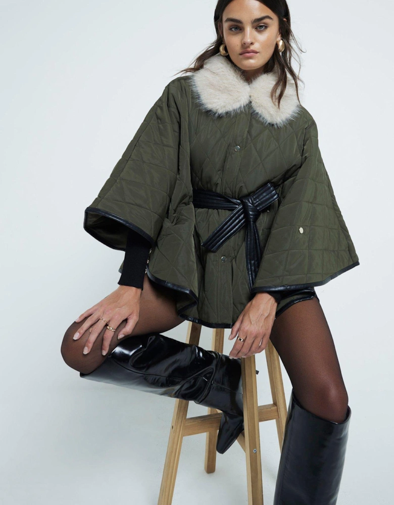 Quilted Cape With Faux Fur Collar - Khaki