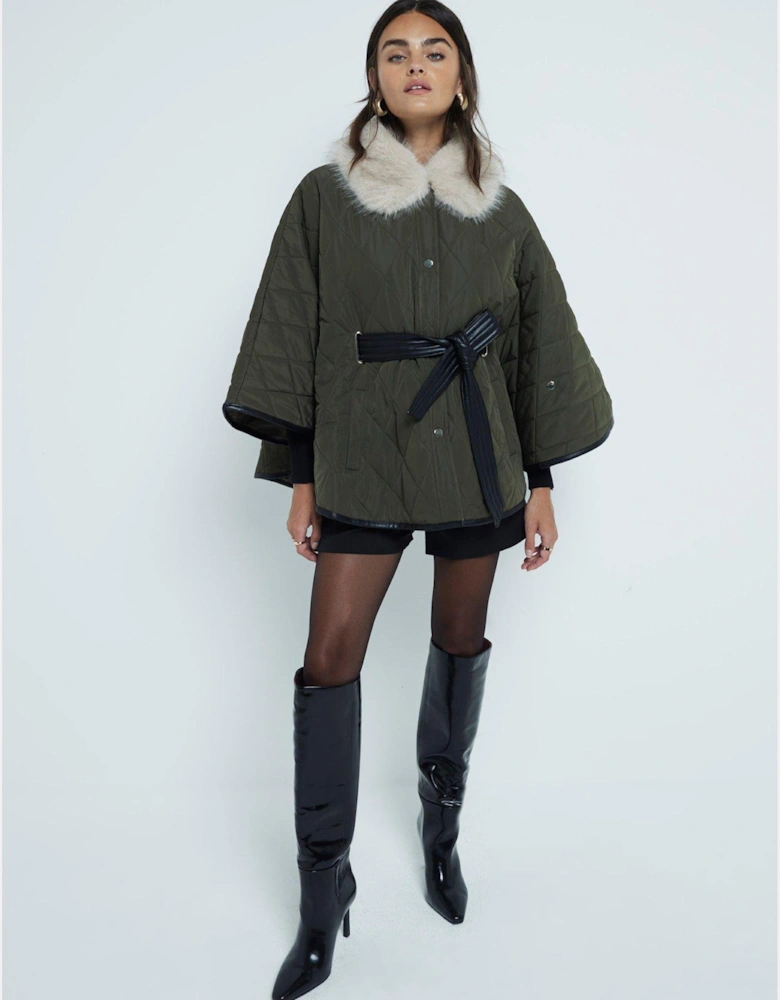 Quilted Cape With Faux Fur Collar - Khaki