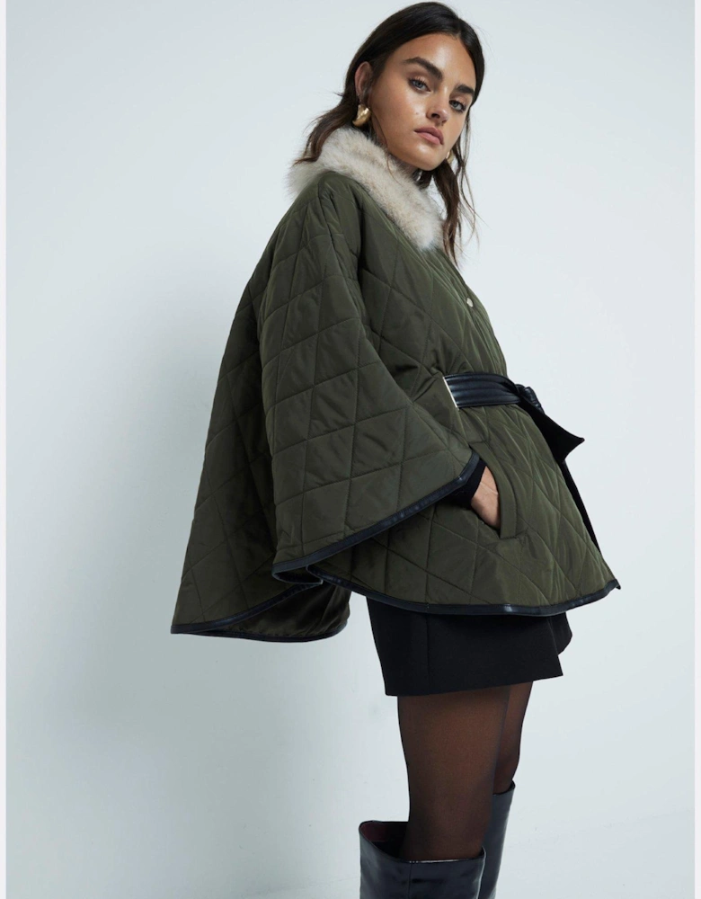 Quilted Cape With Faux Fur Collar - Khaki