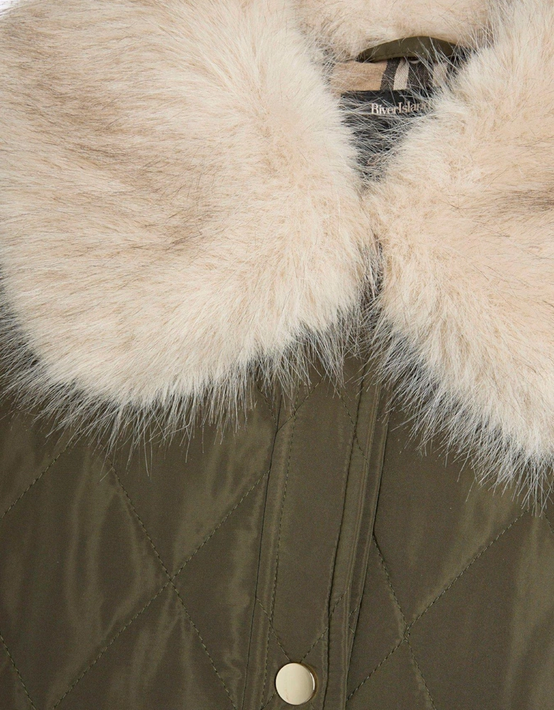 Quilted Cape With Faux Fur Collar - Khaki
