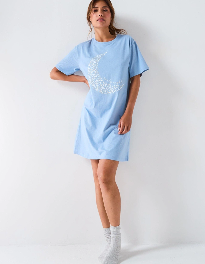 Moon Print Nightdress - Blue