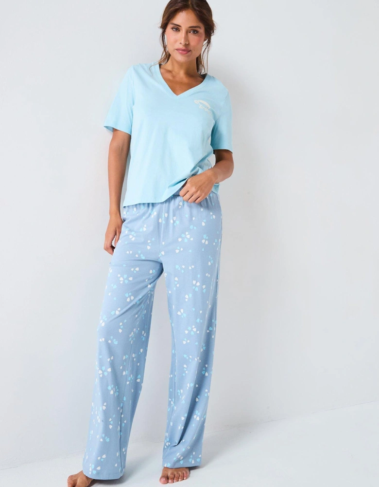 V Neck Short Sleeve T-shirt With Stripe Wide Leg Pyjama Set - Blue
