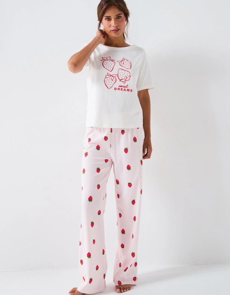 Strawberry Print Short Sleeve T-shirt With Wide Leg Pj Set - Pink