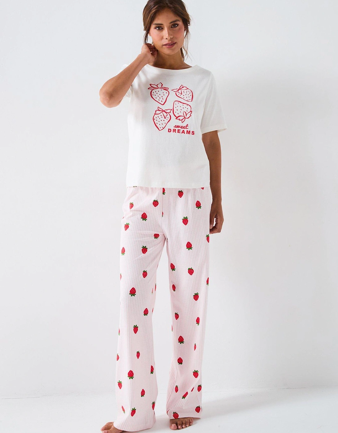 Strawberry Print Short Sleeve T-shirt With Wide Leg Pj Set - Pink, 2 of 1