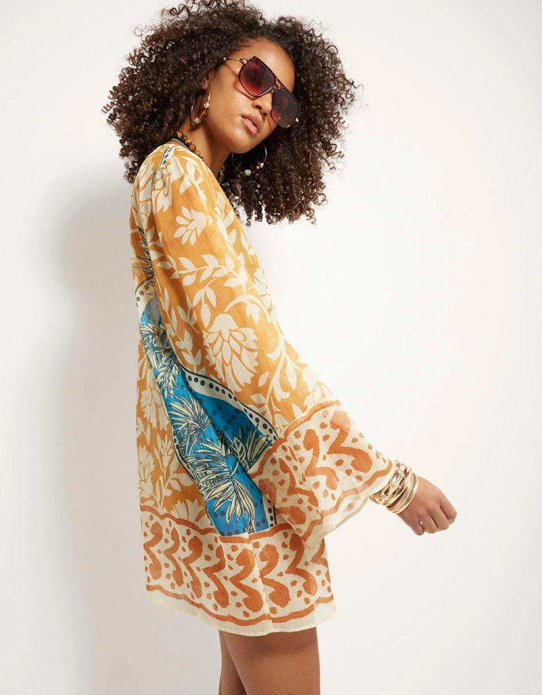 Printed Long Sleeve Plunge Tunic - Yellow