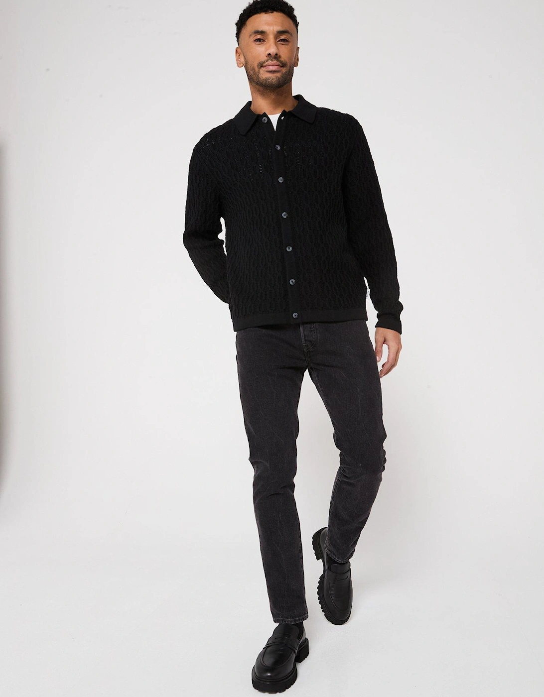 Long Sleeve Cable Texture Knitted Polo Shirt - Black