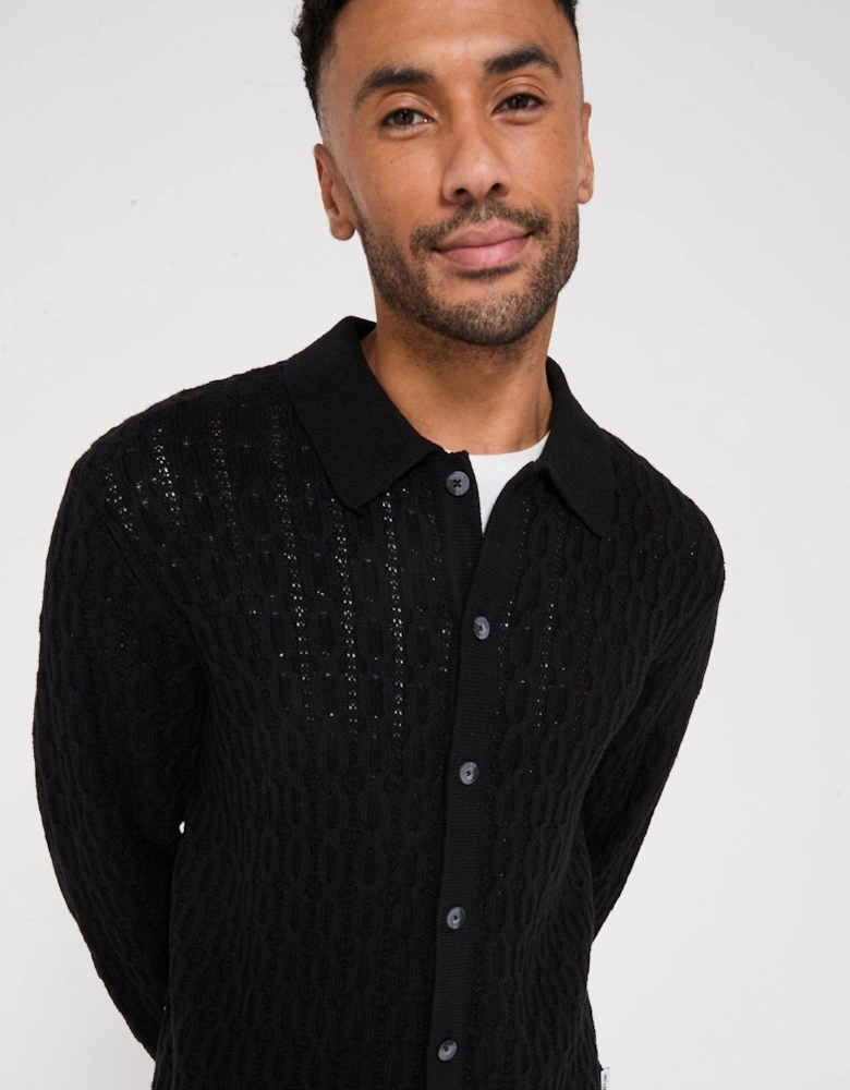 Long Sleeve Cable Texture Knitted Polo Shirt - Black