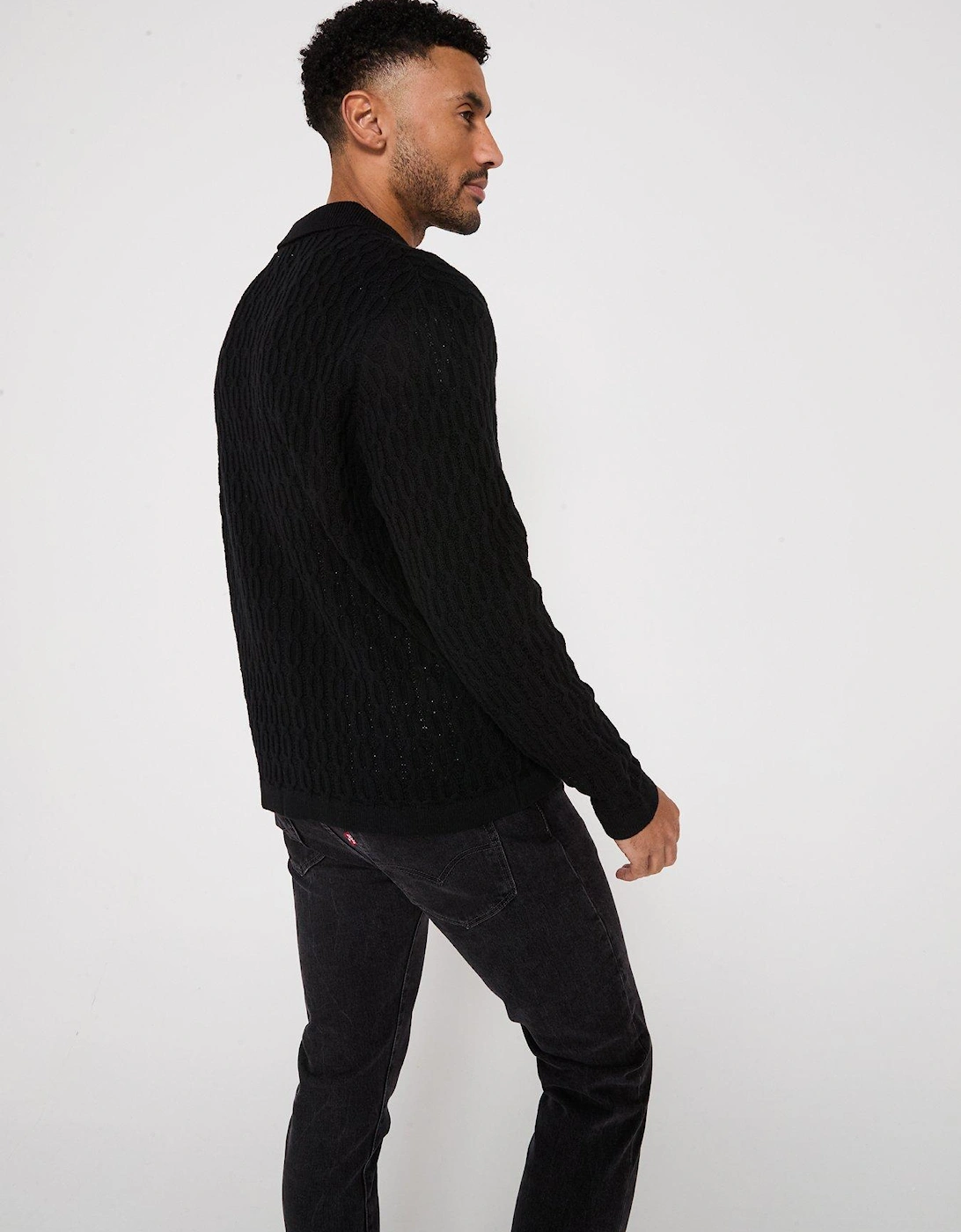 Long Sleeve Cable Texture Knitted Polo Shirt - Black
