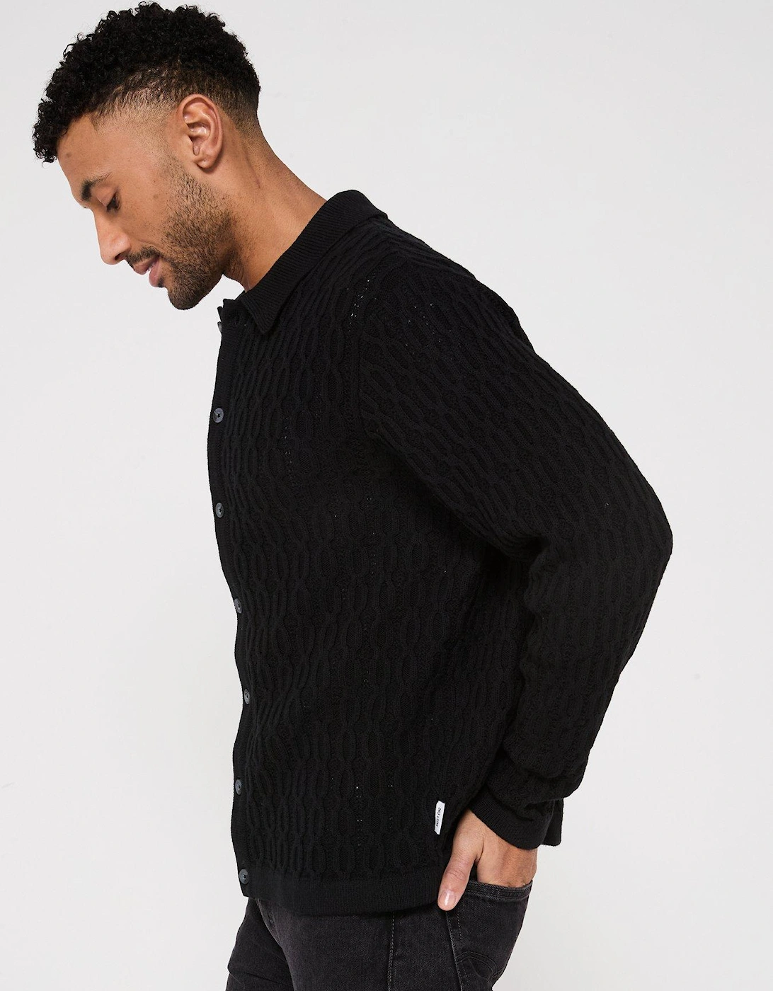 Long Sleeve Cable Texture Knitted Polo Shirt - Black