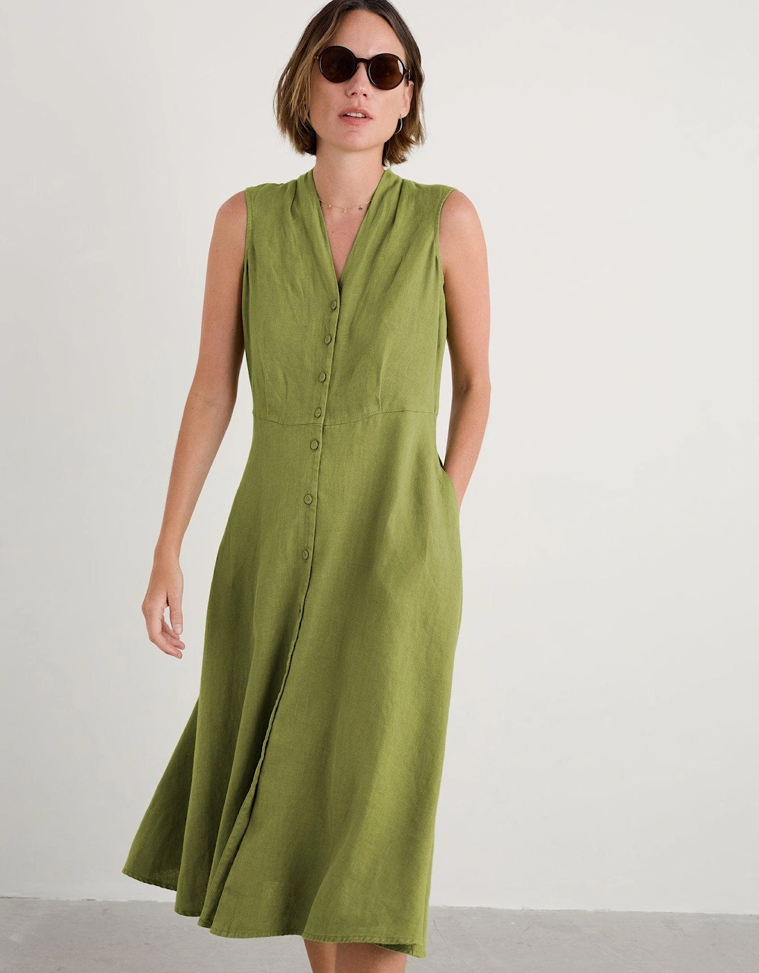 Carved Wood Sleeveless Linen Dress - Green, 2 of 1