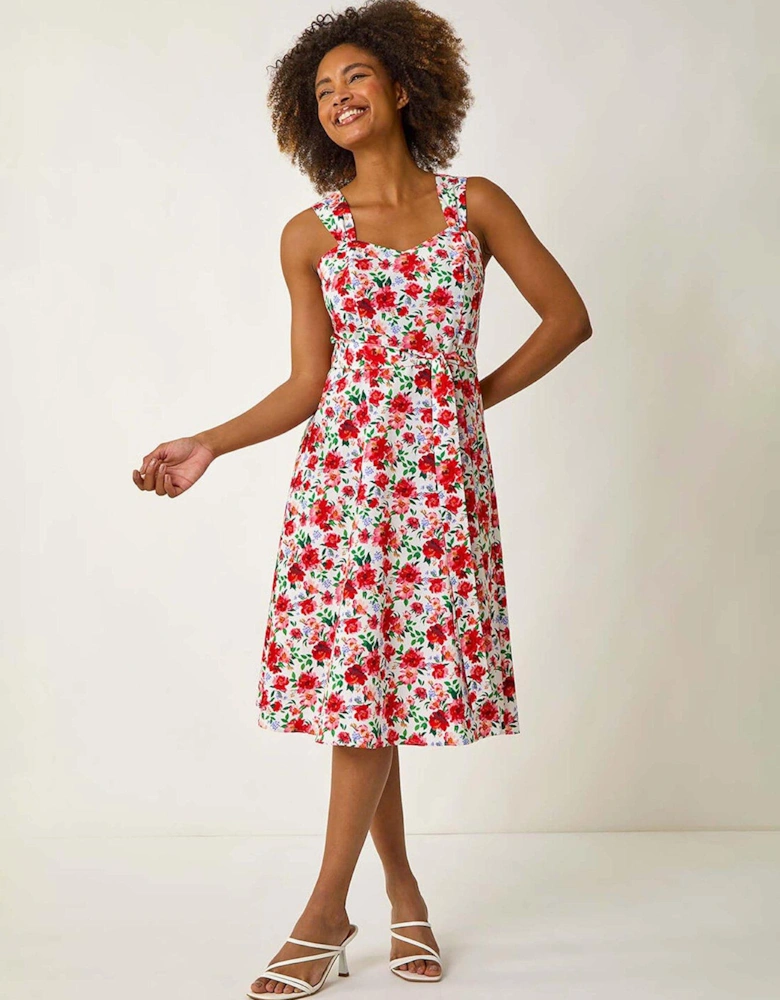 Floral Tie Waist Sweetheart Midi Dress - Red