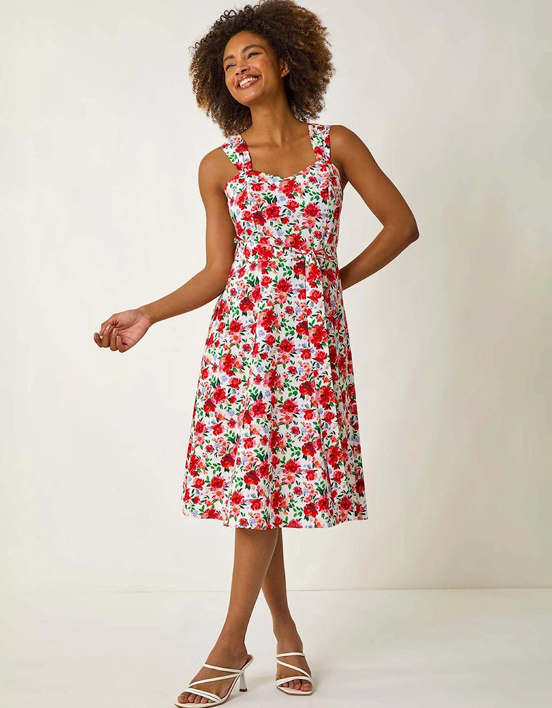 Floral Tie Waist Sweetheart Midi Dress - Red, 2 of 1