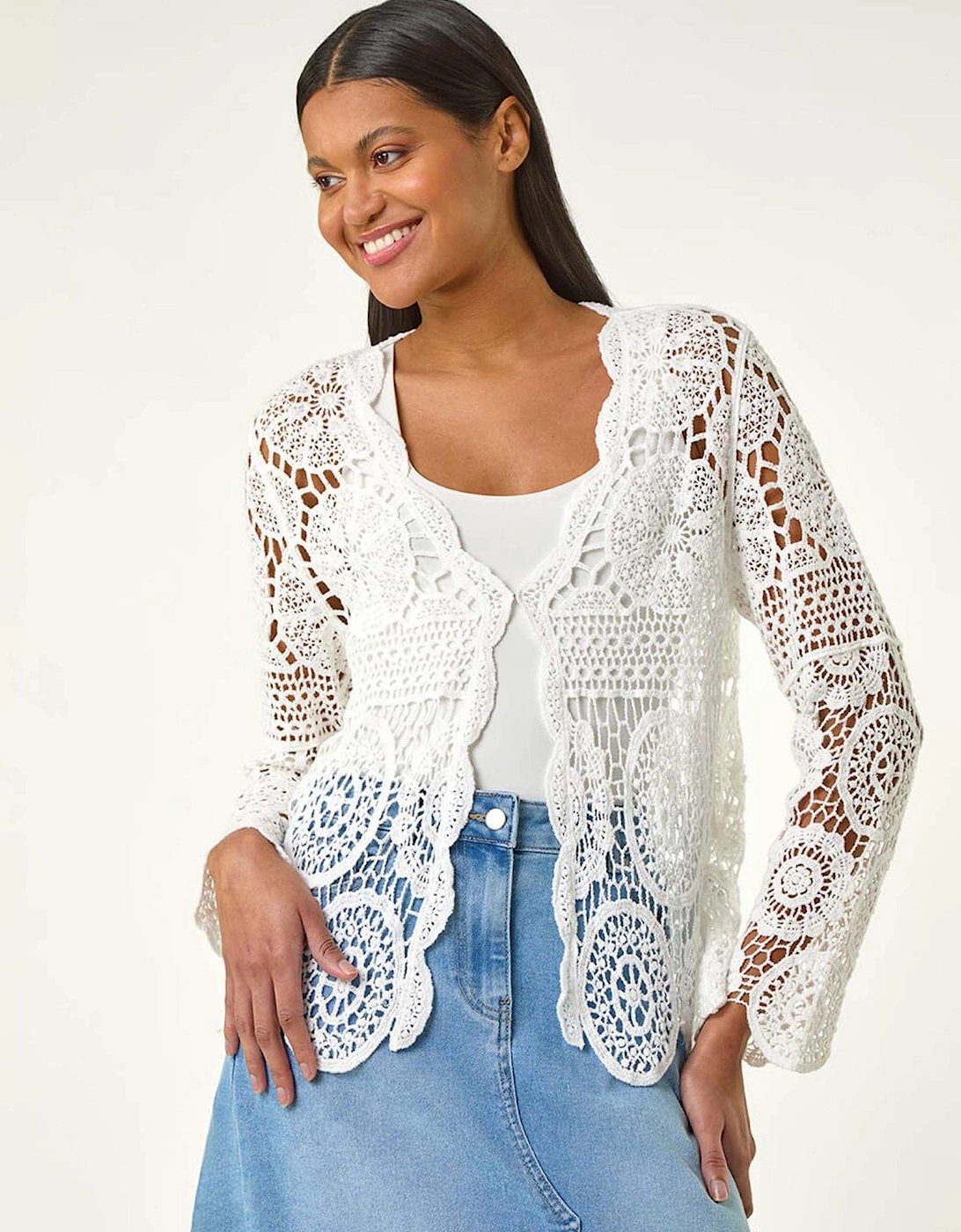 Crochet Tie Front Knit Cardigan - White, 2 of 1