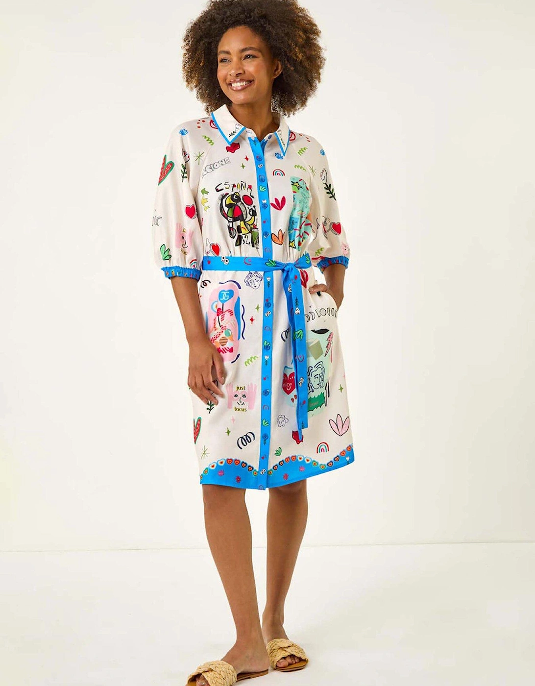 Motif Print Tie Waist Shirt Dress - Blue, 2 of 1