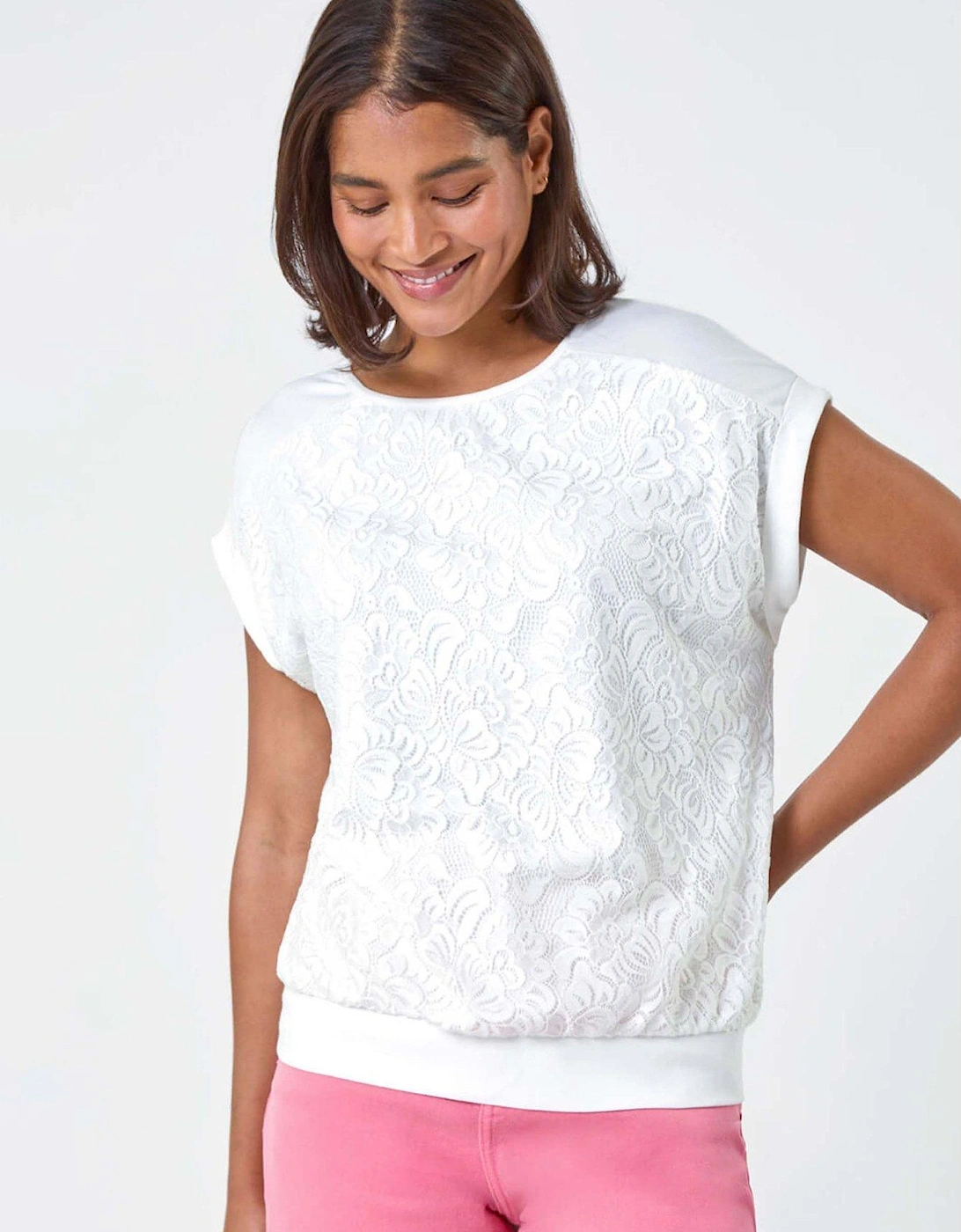 Lace Panel Stretch Jersey Top - Ivory, 2 of 1