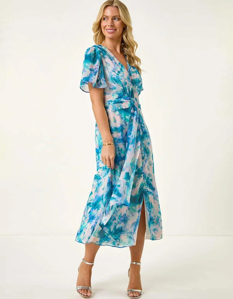 Petite Abstract Print Ruched Midi Dress - Turquoise
