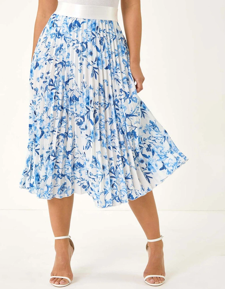 Petite Floral Pleated Midi Skirt - Blue
