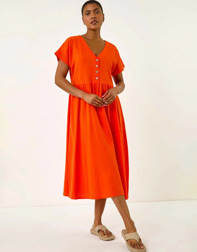 Linen Look Button Midi Dress - Orange