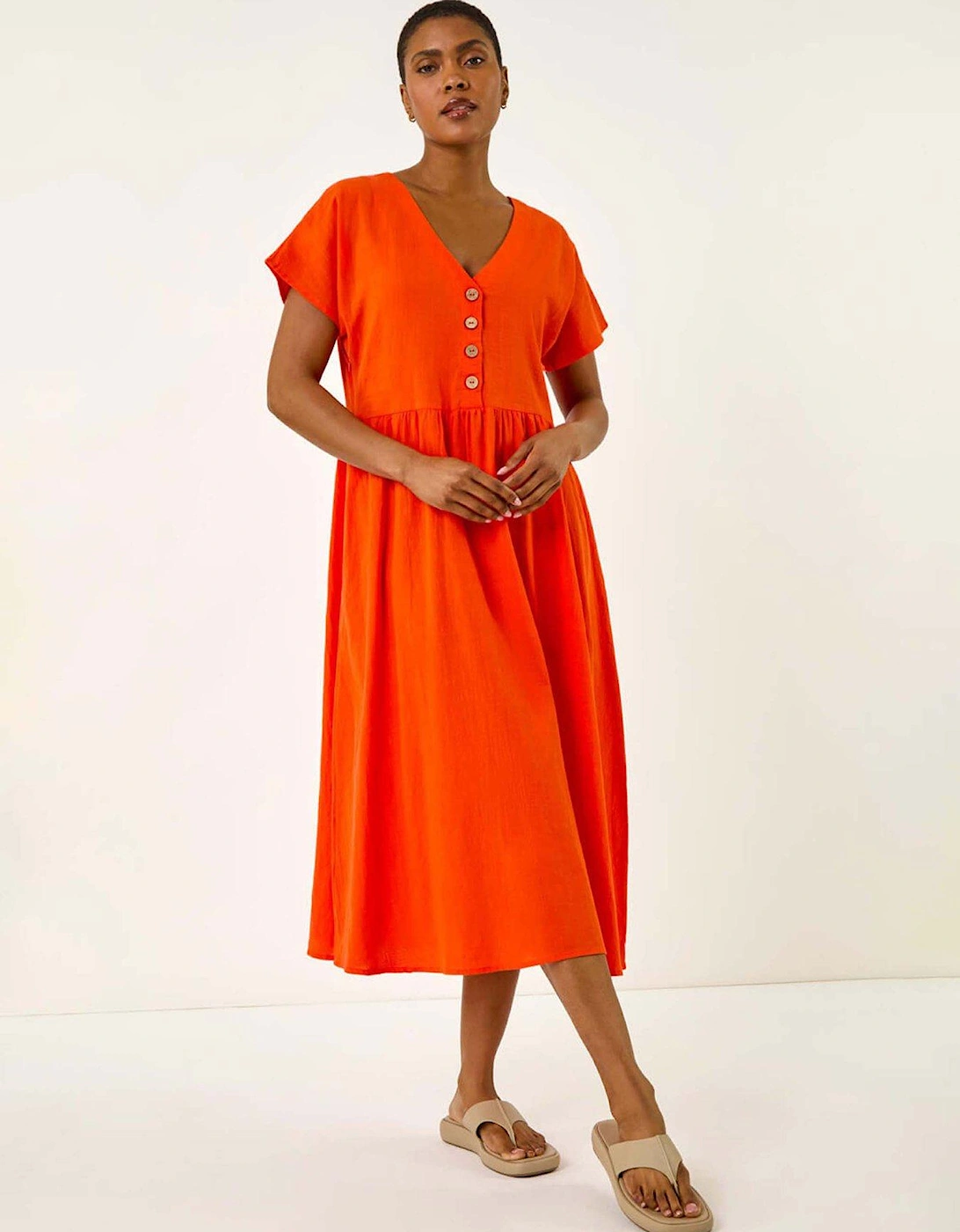 Linen Look Button Midi Dress - Orange, 2 of 1