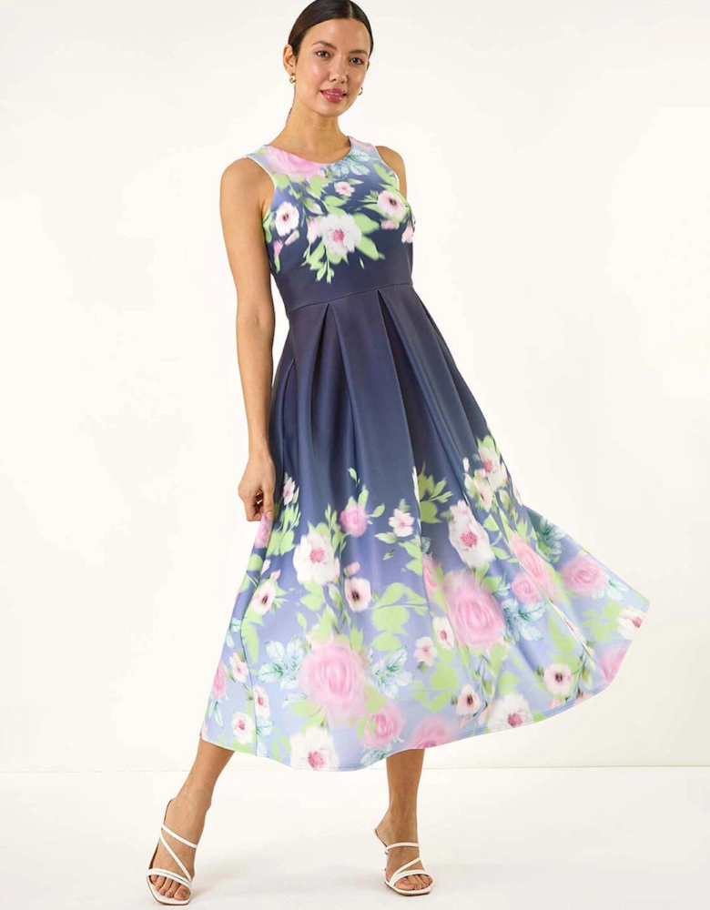 Floral Print Border Premium Stretch Midi Dress - Navy