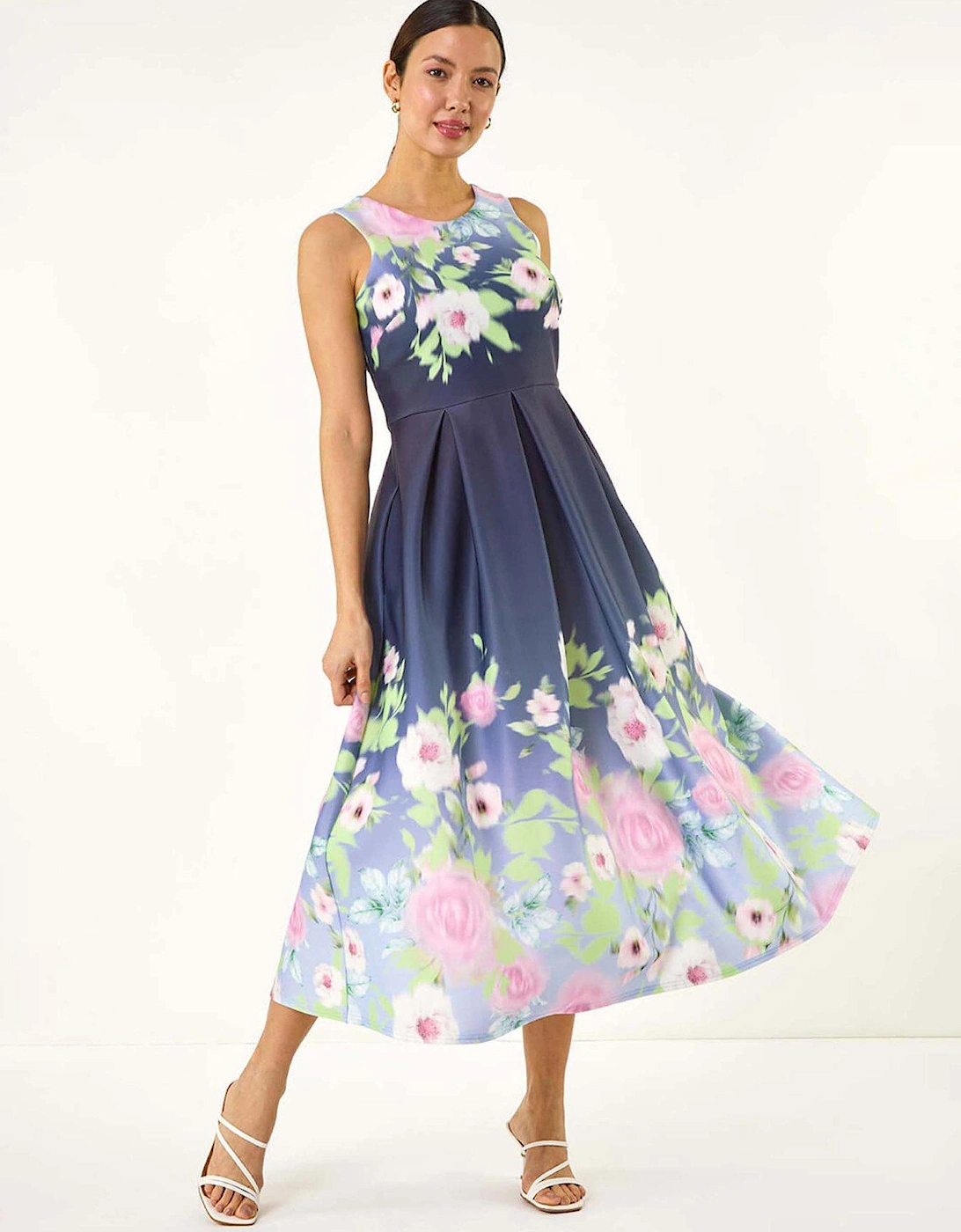 Floral Print Border Premium Stretch Midi Dress - Navy, 2 of 1