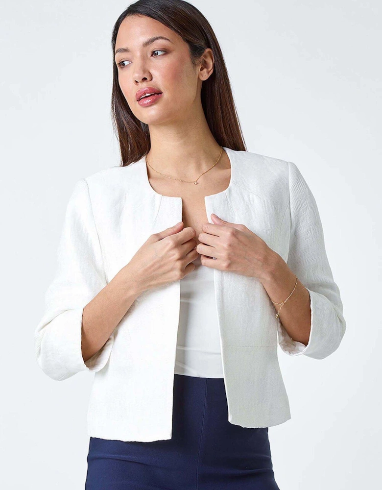 3/4 Sleeve Pleated Textured Cropped Jacket - Ivory
