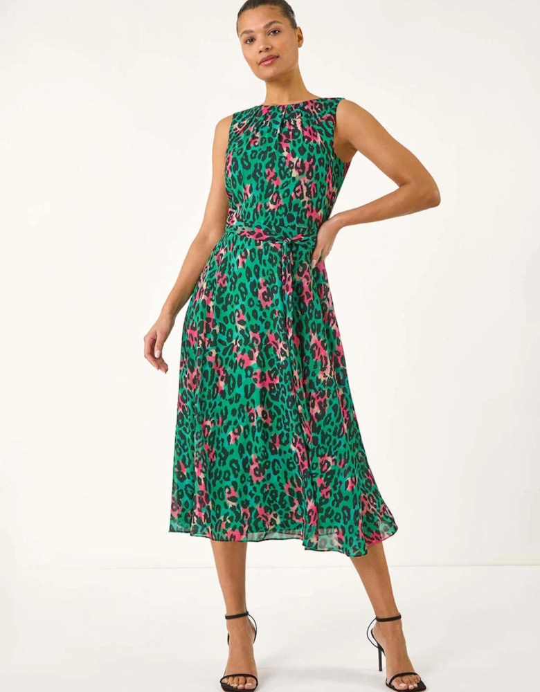 Animal Print Pleated Midi Dress - Green
