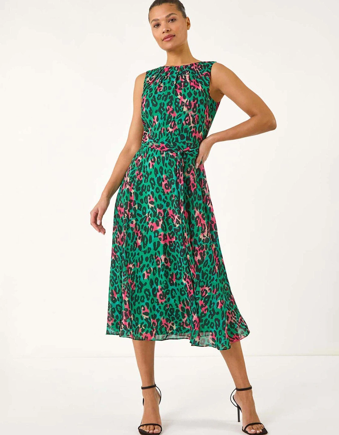Animal Print Pleated Midi Dress - Green, 2 of 1