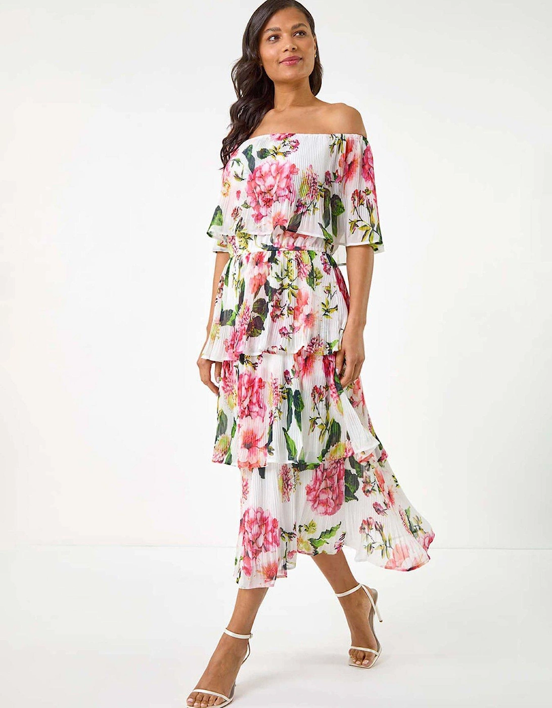 Bardot Floral Tiered Dress - Ivory, 2 of 1