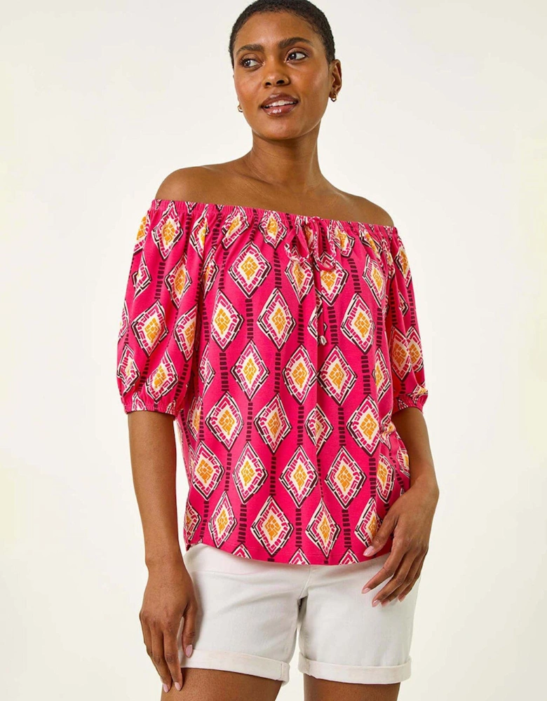 Printed Bardot Tie Front Stretch Top - Pink