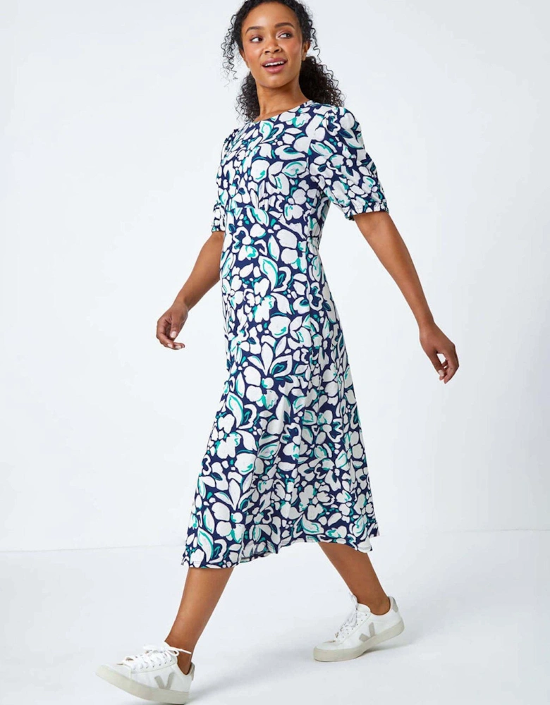 Petite Floral Stretch Midi Dress - Navy