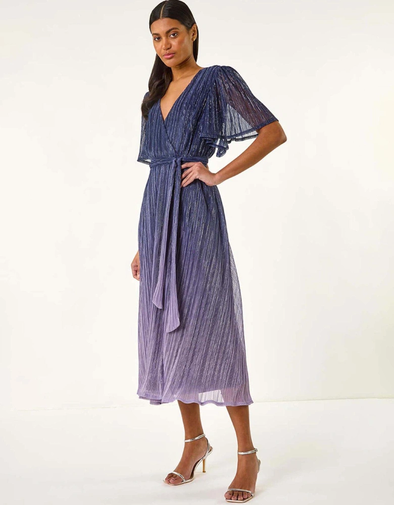 Ombre Shimmer Plisse Midi Dress - Navy